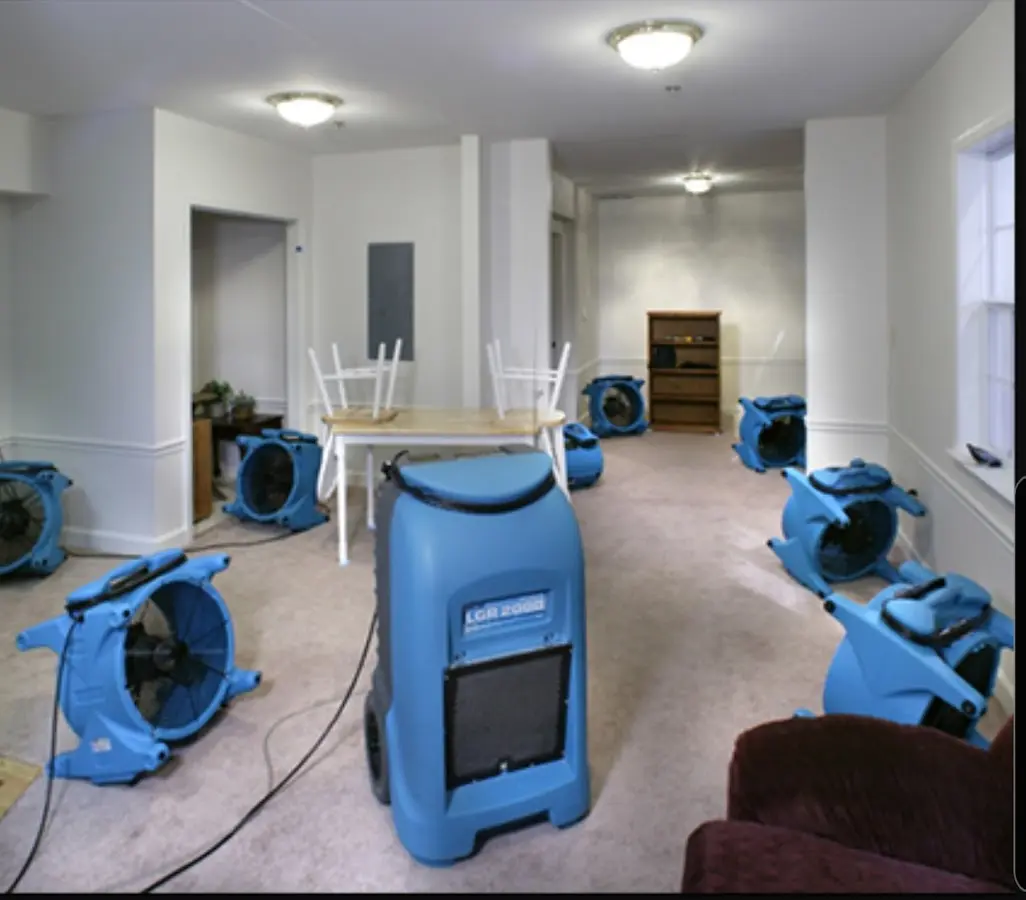 Air movers and dehumidifier setup for Water Damage Restoration in North Springfield